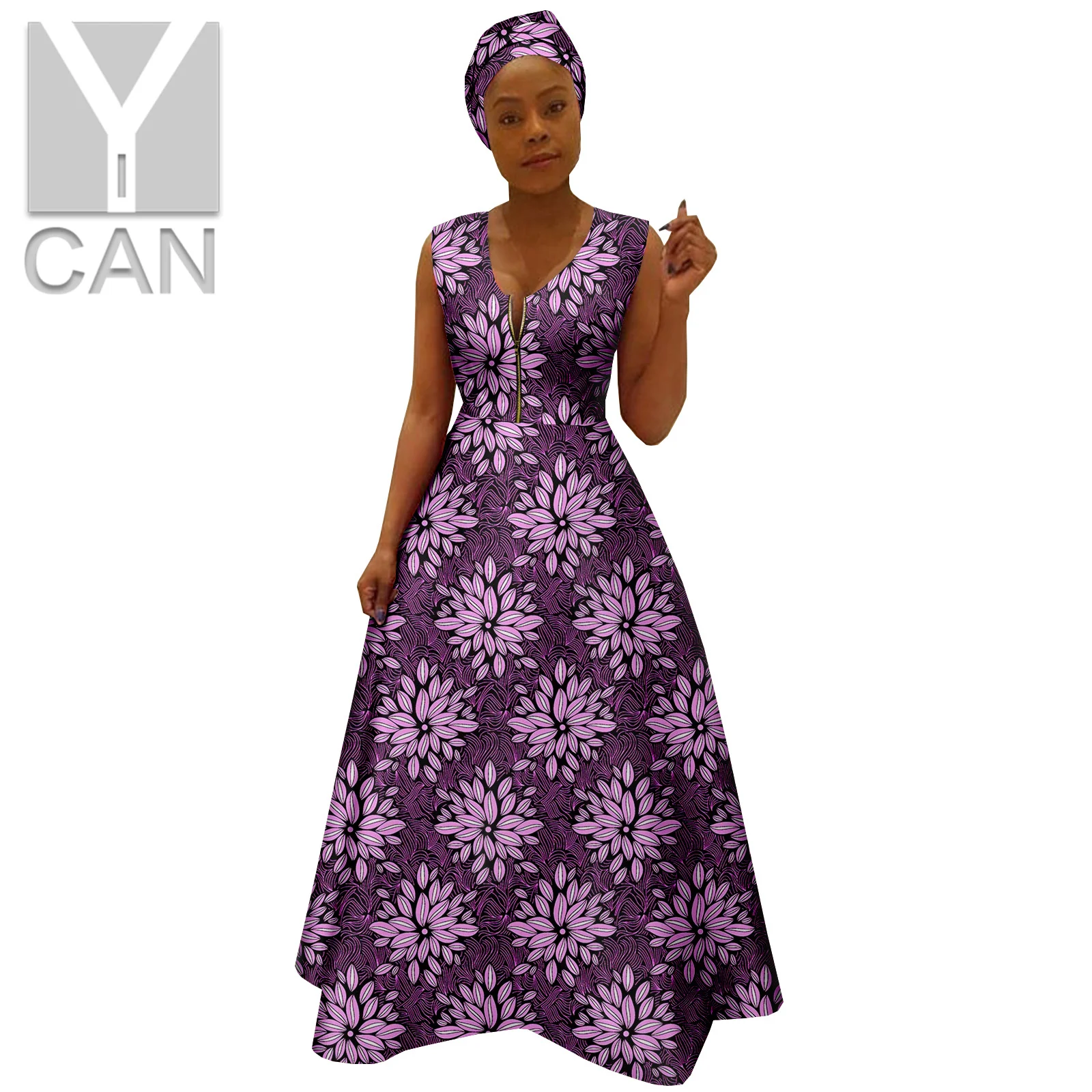 

African Dresses for Women Sexy Vintage Summer V-neck Dashiki Print Sleeveless with Headwrap Bazin Riche Party Vestidos Y2225019
