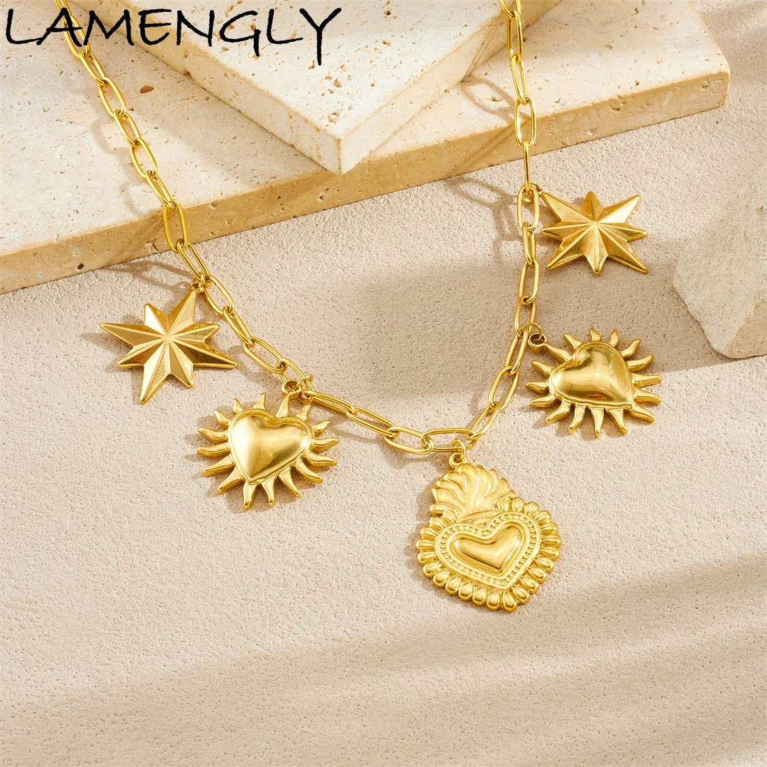 

LAMENGLY 316L Stainless Steel Fun Star Pineapple Heart Shape Pendant Necklace Women Elegant Trend Neck Chain Party Gifts