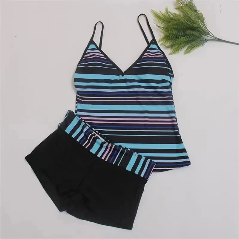 Stylish Two-Piece Swimwear For Women Striped Swimsuit Tankini Top With Flat Shorts Summer Swimsuit