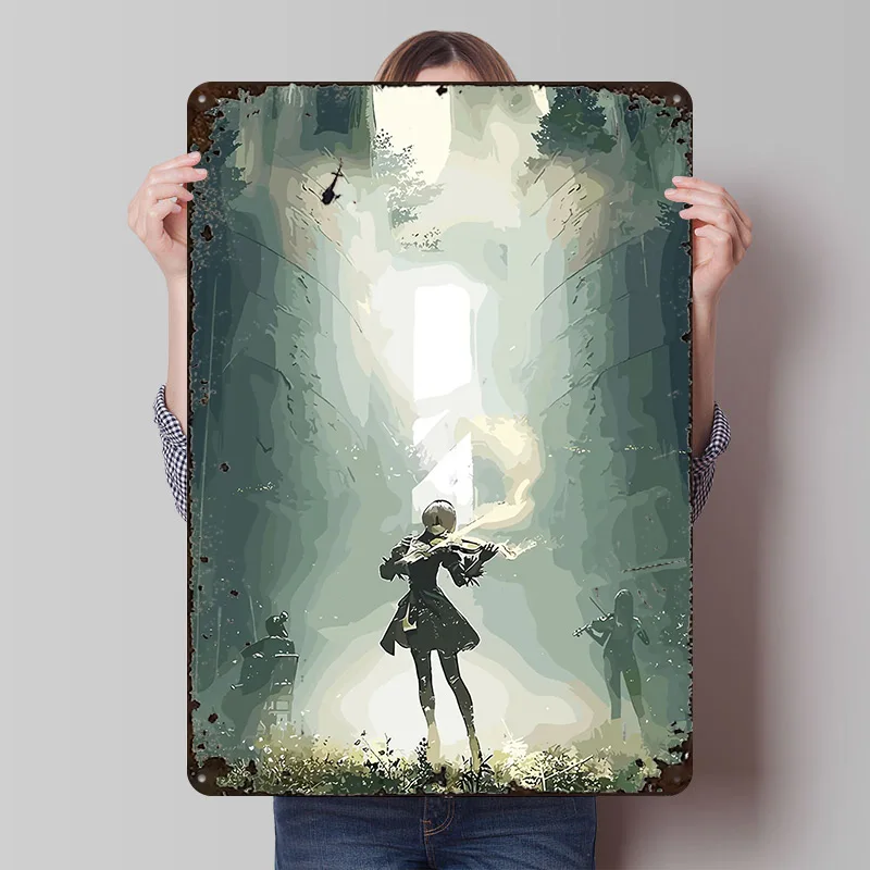 Nier Automata 2B Violin Performance Tin Poster Customized Wall Art Retro Vintage Metal Signs for Fans Room Home Decoration House