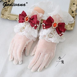 Lolita Multicolor Lace Bow Bead Necklace Finger Sun Protection Elegant Retro Lolita Rhinestone Bow Lace Gloves