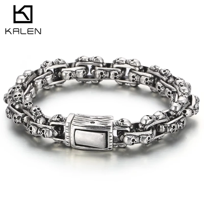 Kalen 13mm Gothic Stainless Steel Skull Bracelet Men's Vintage Boiled Black Chain Accessories 19-23 Thick Bracelet Party Jewelry