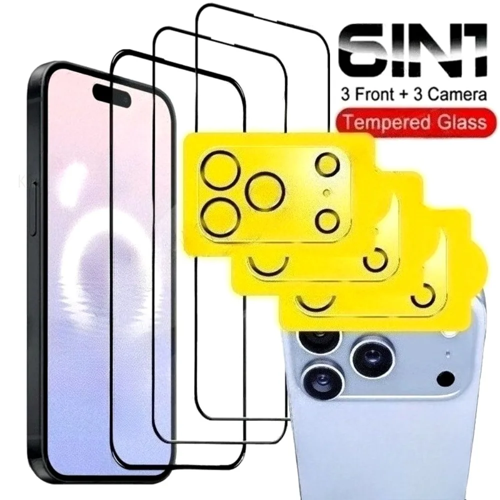 

6-in-1 Full Cover Tempered Glass for iPhone 17 16 15 14 Pro Max 16e Air Camera Lens Glass for iPhone 13 12 11 Pro 16 15 14 Plus