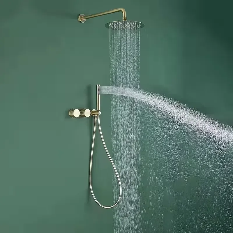 Modern Round Brass Rain Shower System Faucet Set with Dual Handle Rainfall Shower Head for Apartment