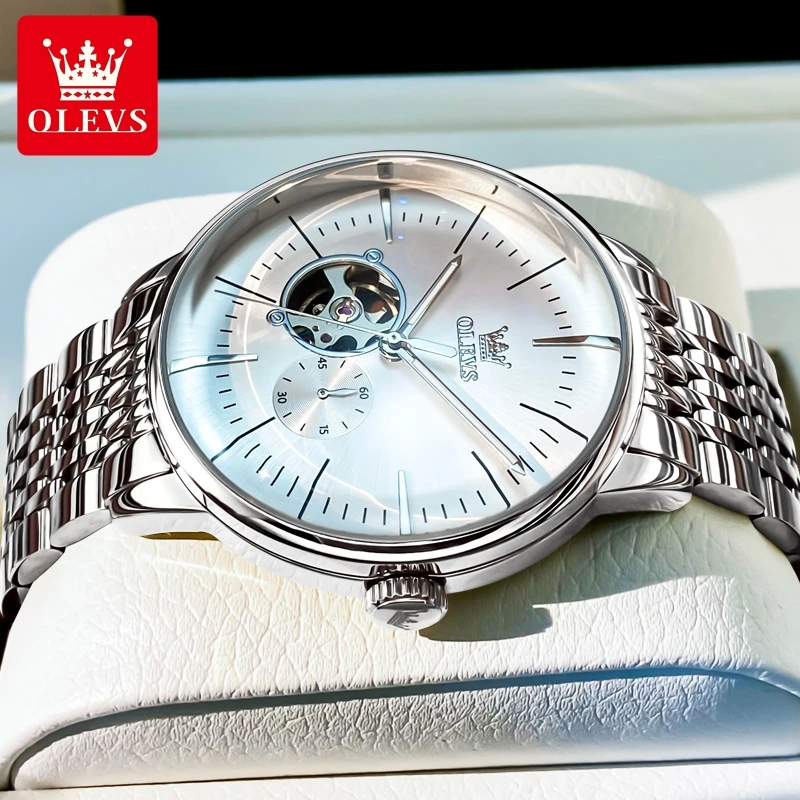 

OLEVS 6708 New Mechanical Watch for Men Stainless Steel Strap Waterproof Luminous Wristwatch Skeleton Automatic Watches