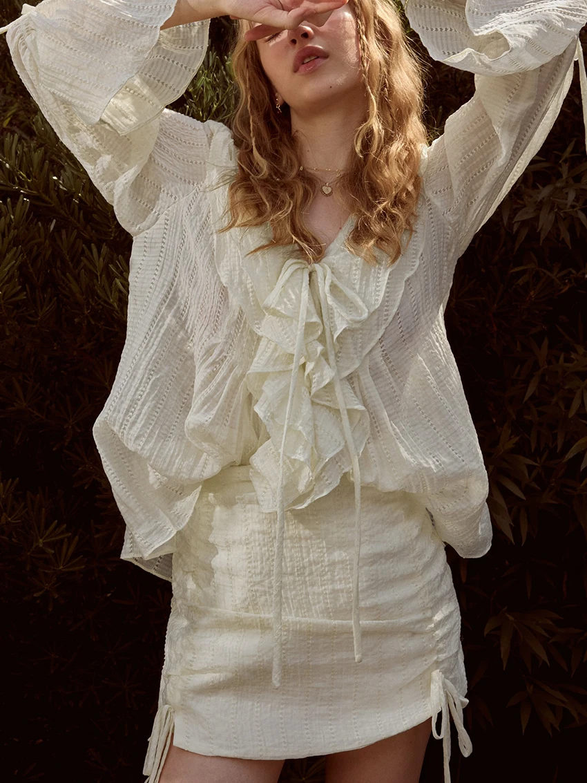 Marthaqiqi Fashion Ladies Nightwear Suit Lace Up Pajama Long Sleeve Sleepwear Sexy V-Neck Nightgowns Skirts Elegant Nightie Set