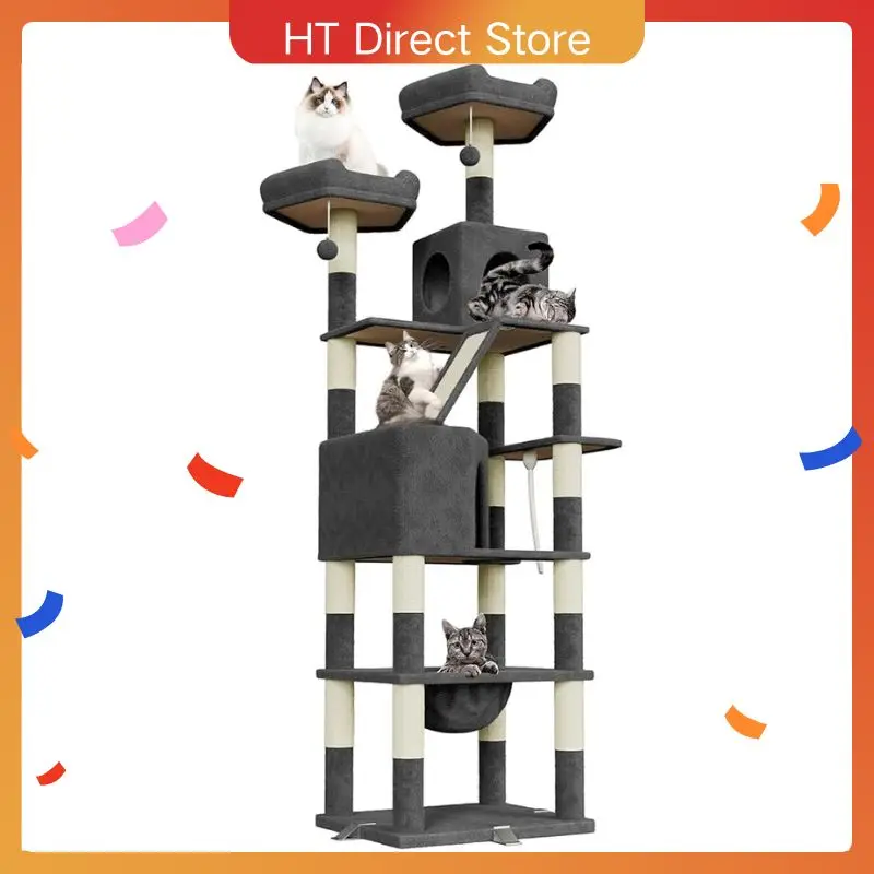 Tiragraffi per gatti Oak & Tea XXL da 208 cm con casa e amaca, resistente all'inclinazione con clip di rinforzo per tutti i gatti