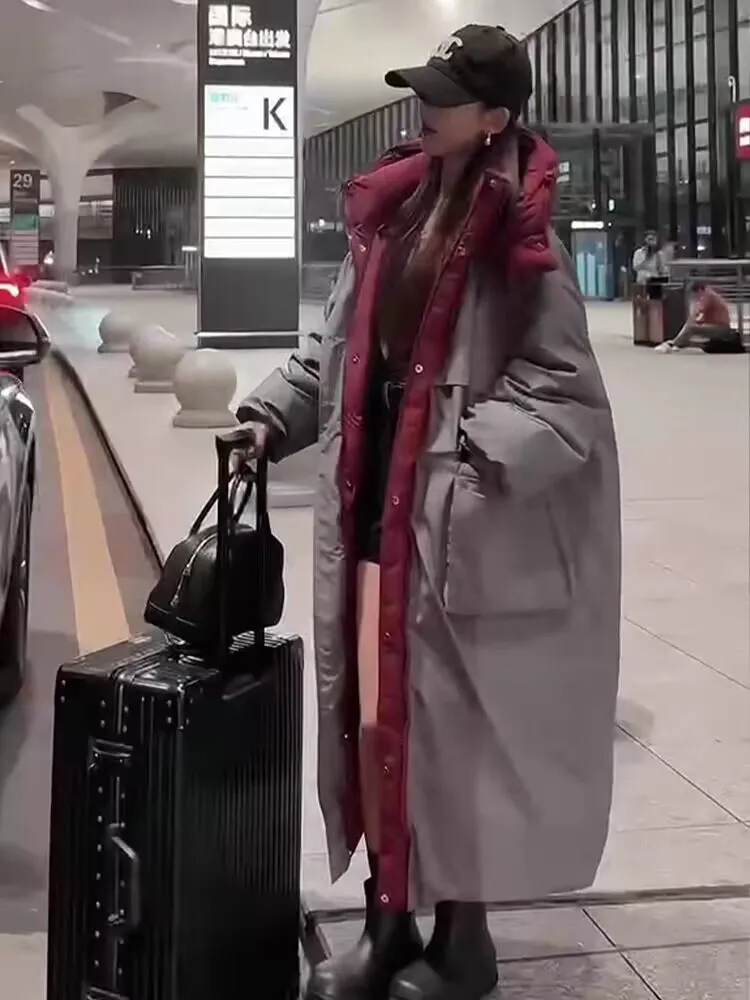 سترة أسفل للنساء ارتداء على كلا الجانبين سترة كورية مبطنة طويلة فضفاضة مقنعين وسترة واقية سميكة أسفل معطف JJ1114