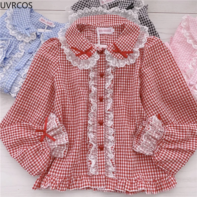 Blusa de Lolita estilo Preppy para Mujer, camisa a cuadros con volantes de encaje con lazo bonito, blusa gótica Kawaii de manga larga Harajuku para Mujer