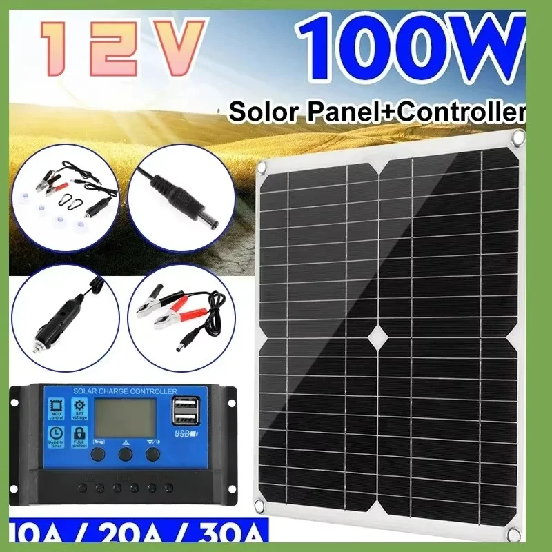 Solar panel kit complete Controller 12v Portable  Power Charger Bank Battery Camping Car Boat Plate flexible   100w