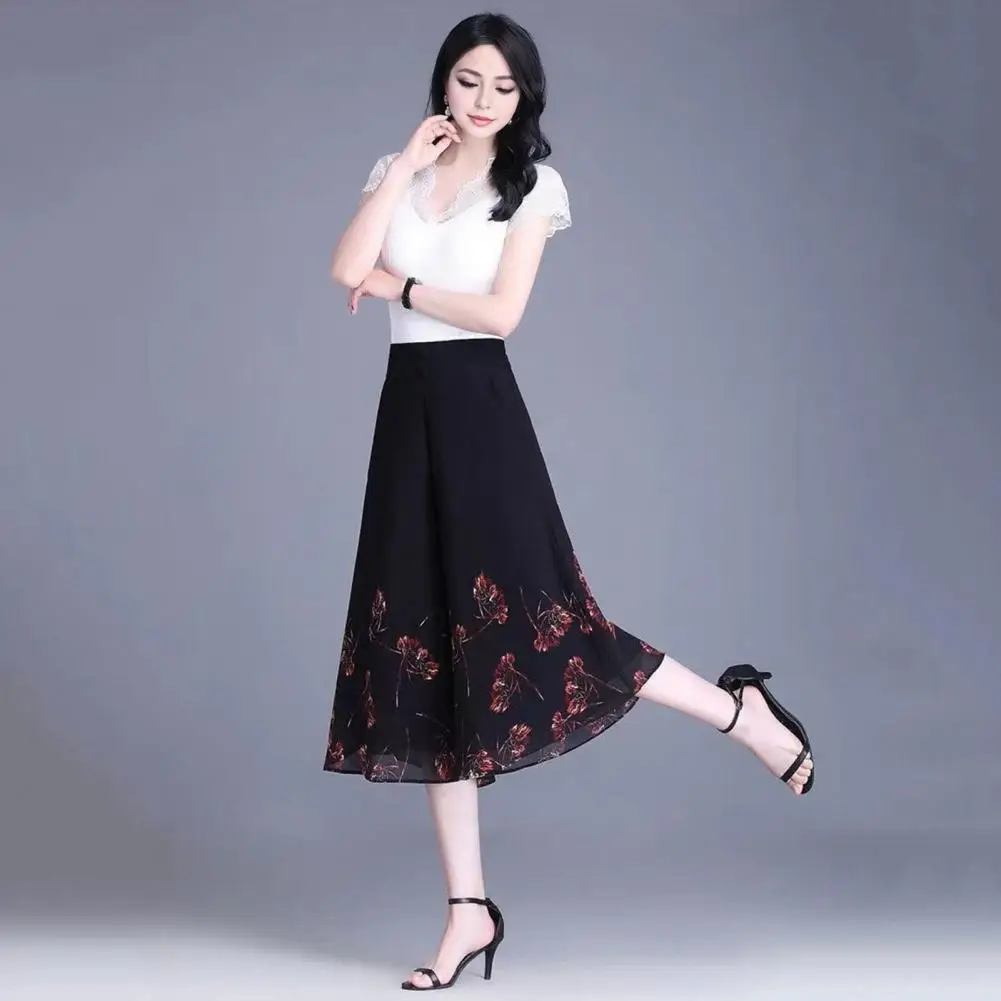 

Women Cropped Pants Elegant Wide Leg Chiffon Culottes for Women Floral Print High Waist Cropped Pants with Elastic Waistband