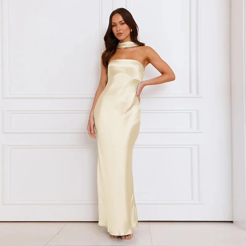 European and American Spring New Satin Strapless Off-Shoulder Two-Way Dress