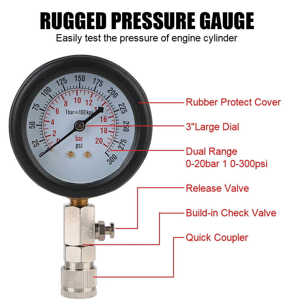 Automotive Cylinder Tester Kit Pressure Gauge with M10 M12 M14 M18 Adapter 0-300 PSI Gasoline Engine Compression Meter