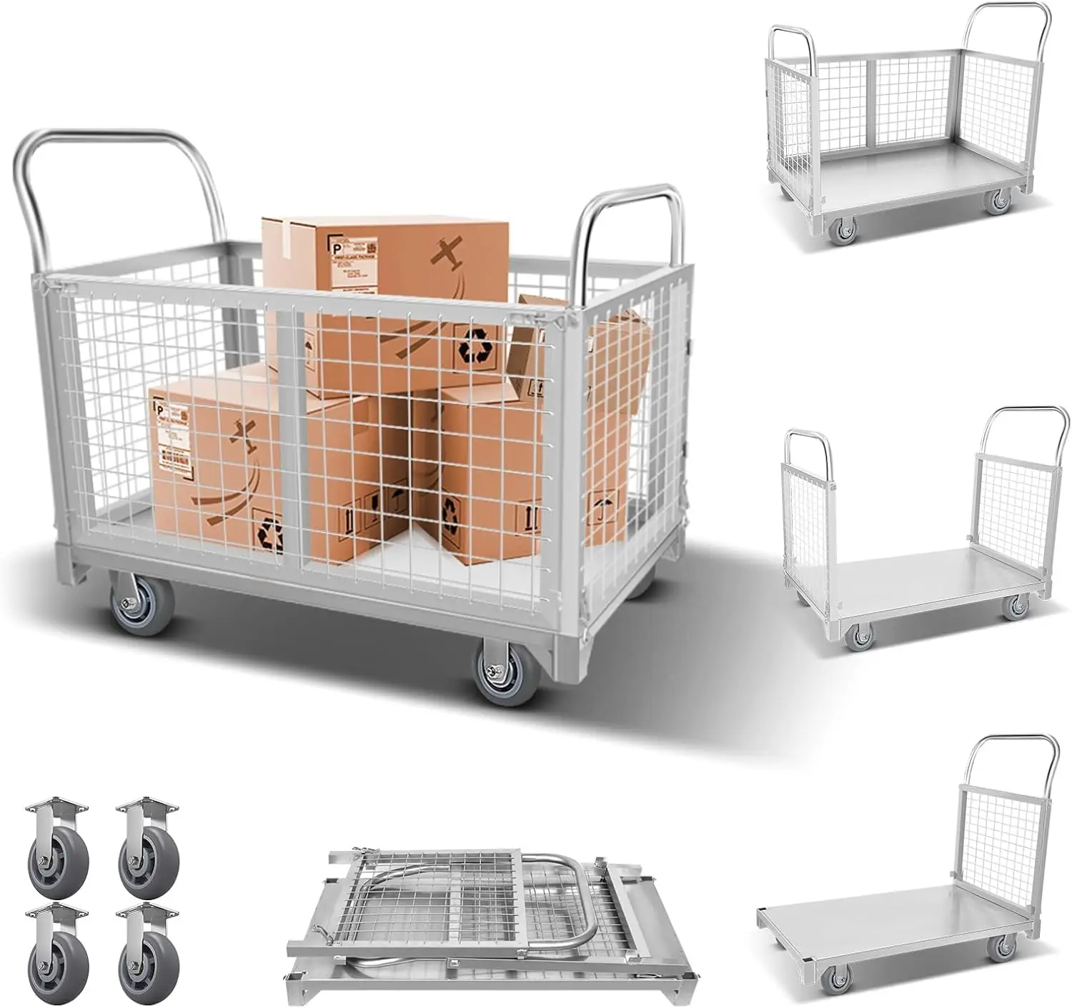 2200LBS Platform Truck Cart with Cage, Heavy Duty Folding Flatbed Push Cart