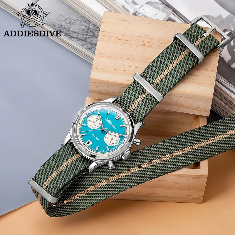 

ADDIESDIVE Quartz Chronograph Man Watch Waterproof Luminous Stainless Steel 38mmBubble Glass Nylon Strap Fashion Watches For Man