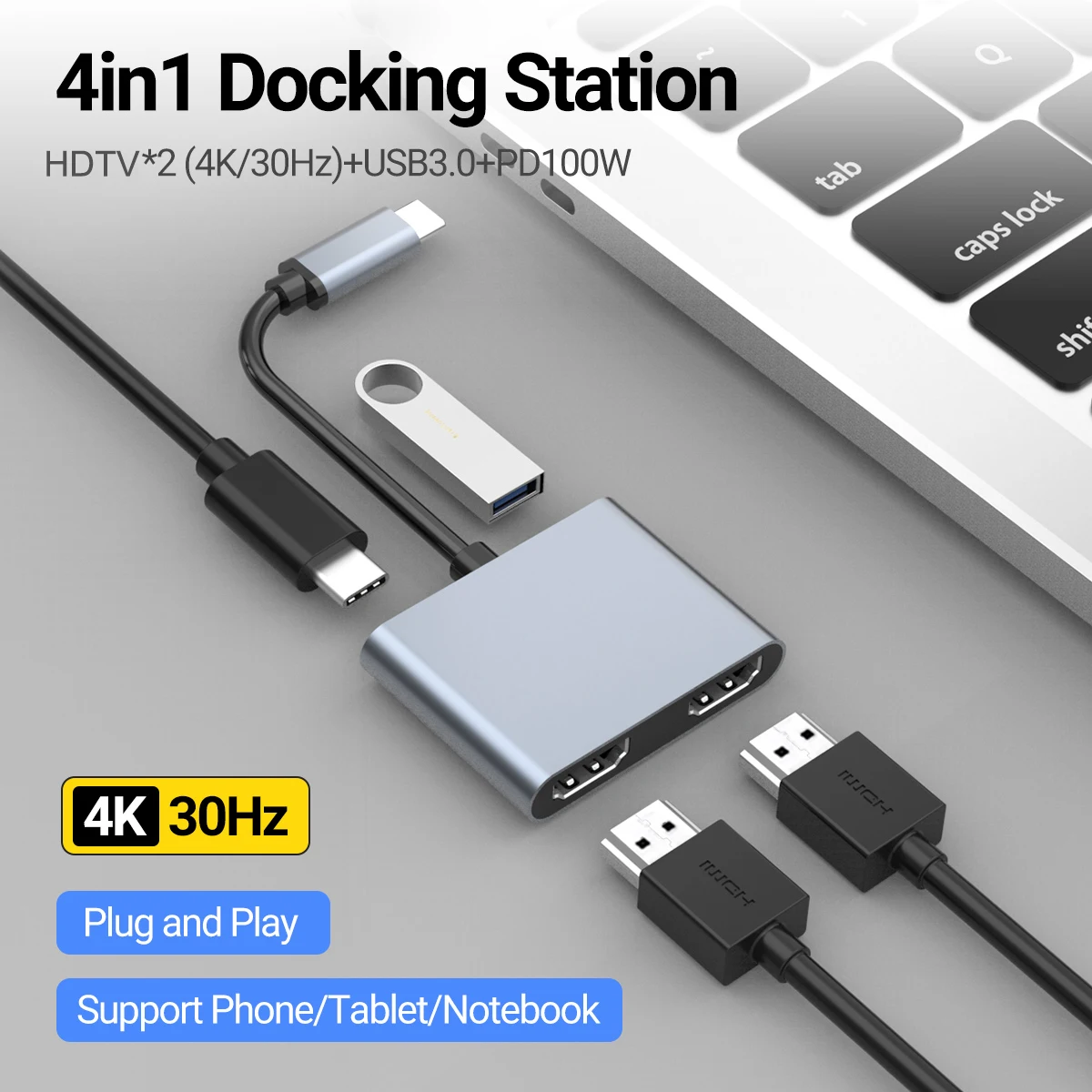 

4 Ports Mulitfunction Adapter USB-C Laptop Docking Station with dual monitor,USB 3.0,100W Charging for MacBook Pro DELL XPS IPAD