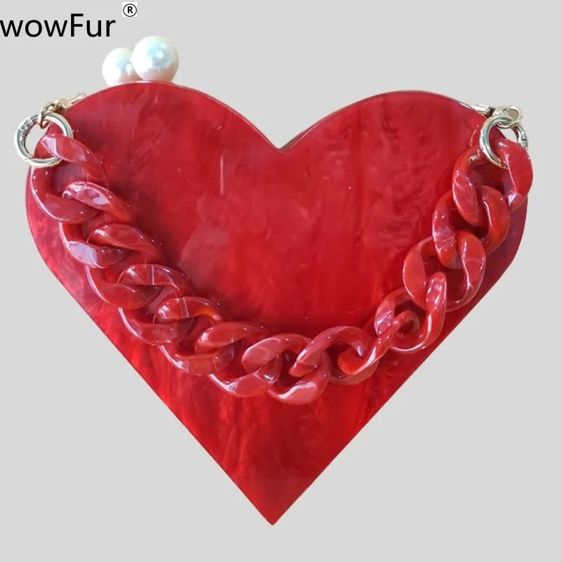 Marble Pearl Red Heart Shape Women Acrylic Clutch Purse Lady Girl Party Travel New Trendy Brand Luxury Box  Wedding Handbag Bags