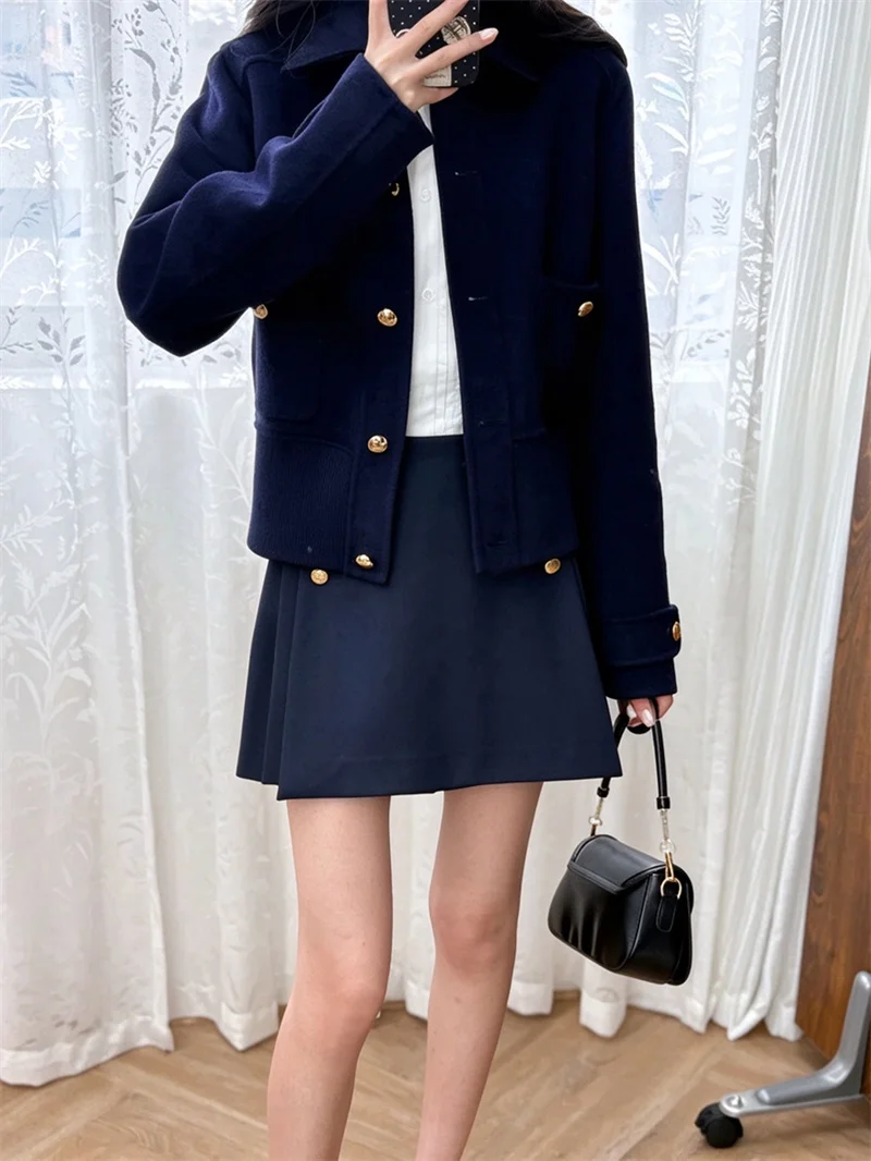 2026 Autumn New Female Dark Blue High Waisted Short Fashion Pleated Skirt Pants