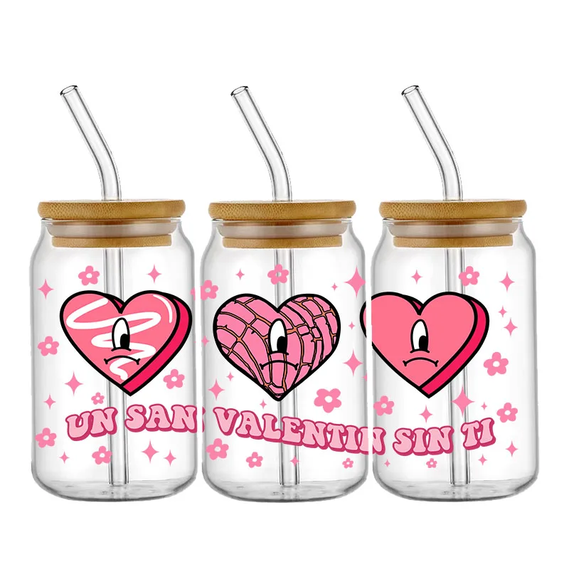 Valentine's Day UV DTF Transfers Stickers Happy Love Cup Wraps 16oz Libbey Glass Can Waterproof DIY Personalize Sticker Labels