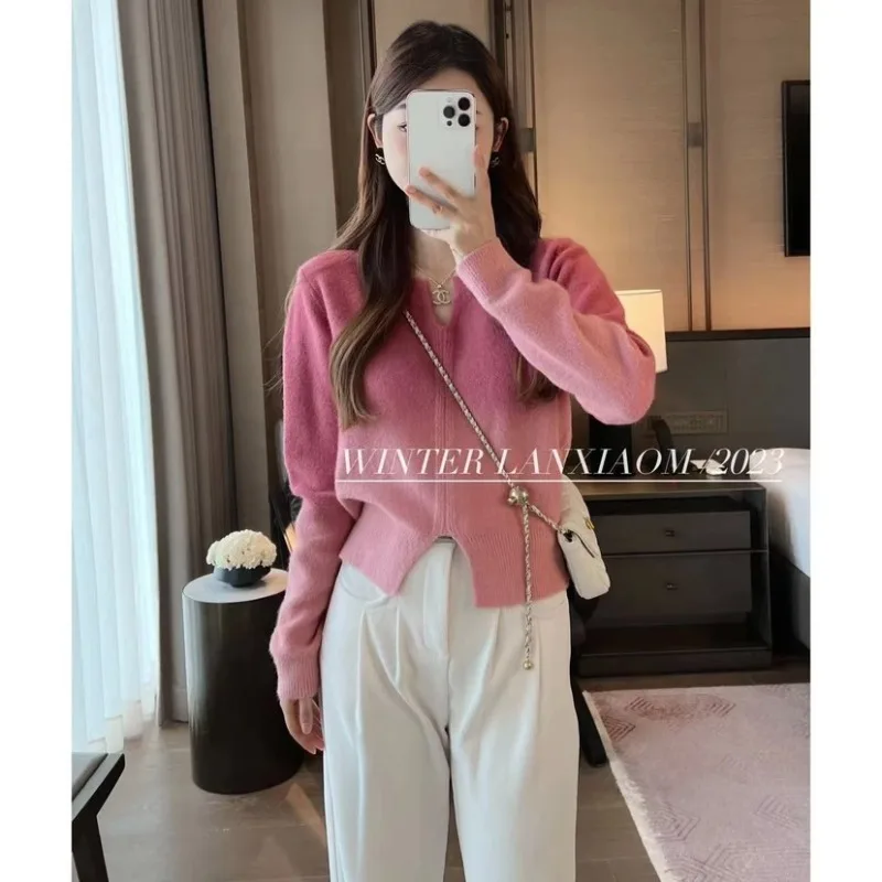 

Autumn current casual simple color-blocking V-neck pullover women's long-sleeved knitted sweater women
