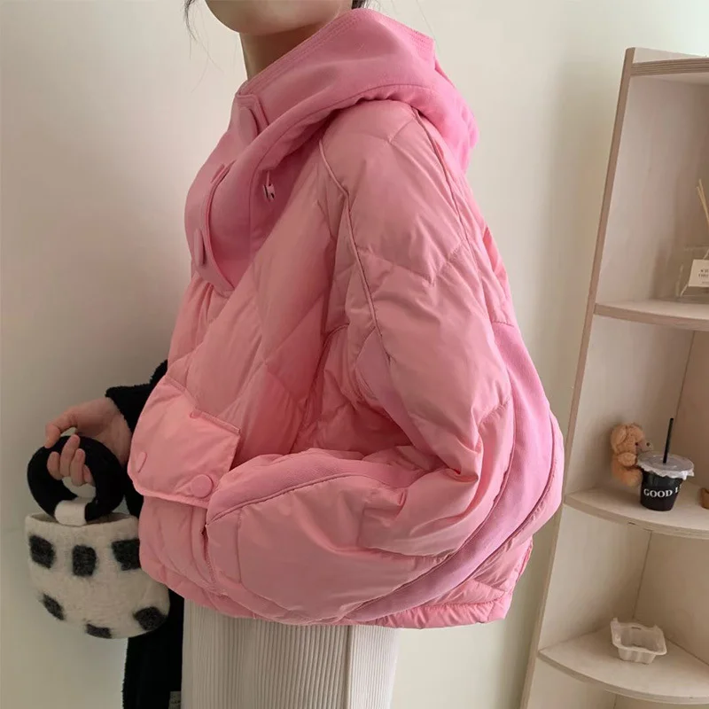 Women\'s Hooded Puffer Down Coat with Pockets, Korean Jacket, Casual Outerwear, Warm Candy Color, Female Winter Coat, New, 2021