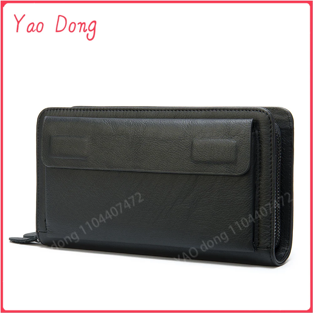 Yao Dong Business men's wallet Long top layer cowhide clutch bag Double zip money clip coin wallet with wristlet men's clutches