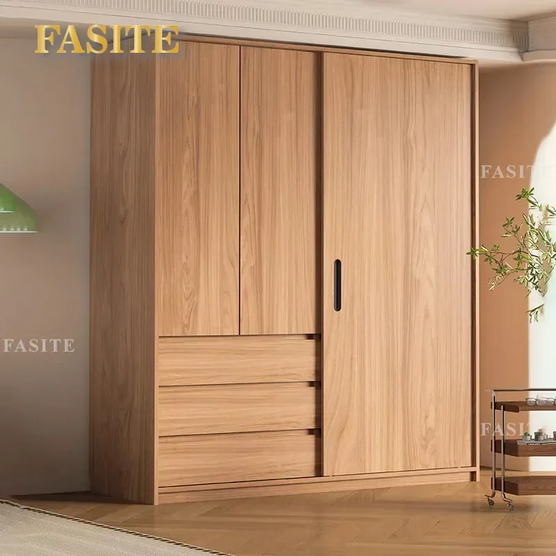 straight hair solid wood wardrobe household bedroom log color ribbon drawer segmented sliding door storage