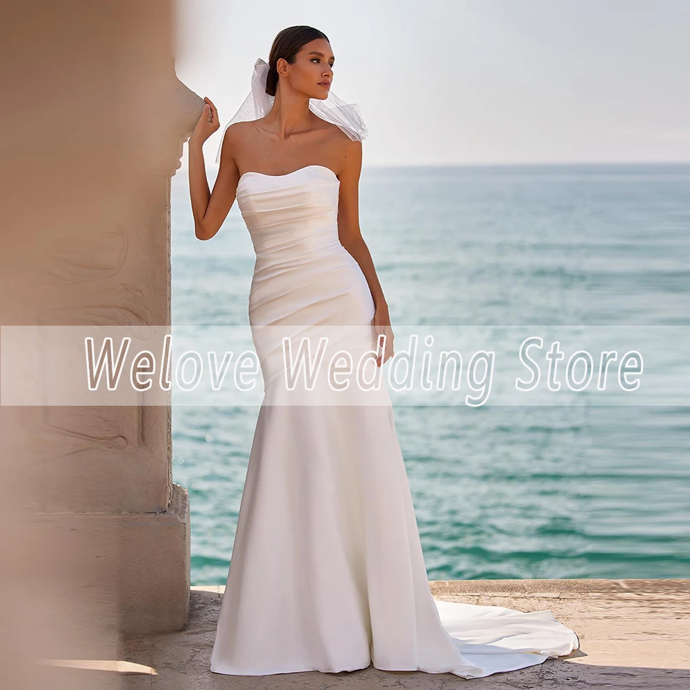 Elegante Liebsten Meerjungfrau Hochzeit Kleid Ärmellosen Weißen Illusion Zurück Strand Brautkleid Für Braut Sweep Zug Robe De Mariee