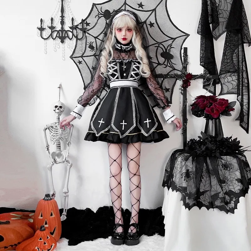 Halloween Costume Cross Nun  Vampire Dark Goth Ghost Dress Carnival Performance Costume Waist Cinching Dress