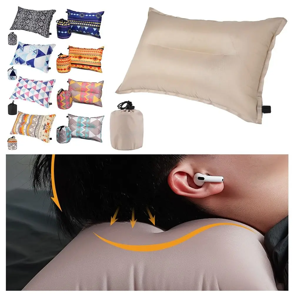 Automatic Inflatable Travel Pillow Ethnic Style Foldable Camping Pillow Lightweight Supportive Office Nap Pillow