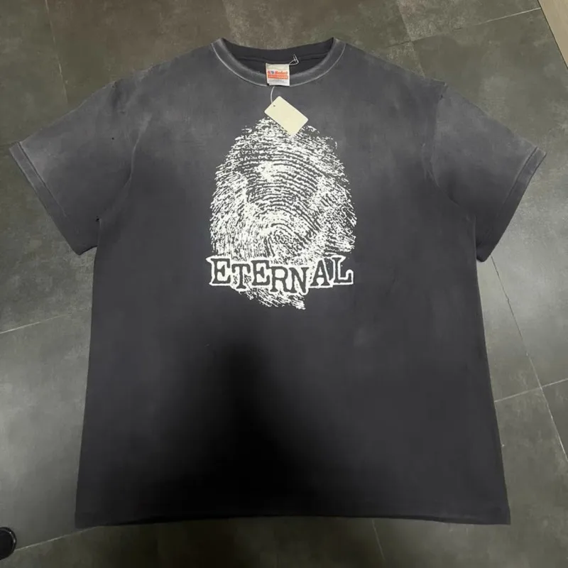 Summer Black Saint Tshirts Cotton Breathable Fingerprint Print Letter Slogan Round Neck Short Sleeve Top Men Women Street Outfit
