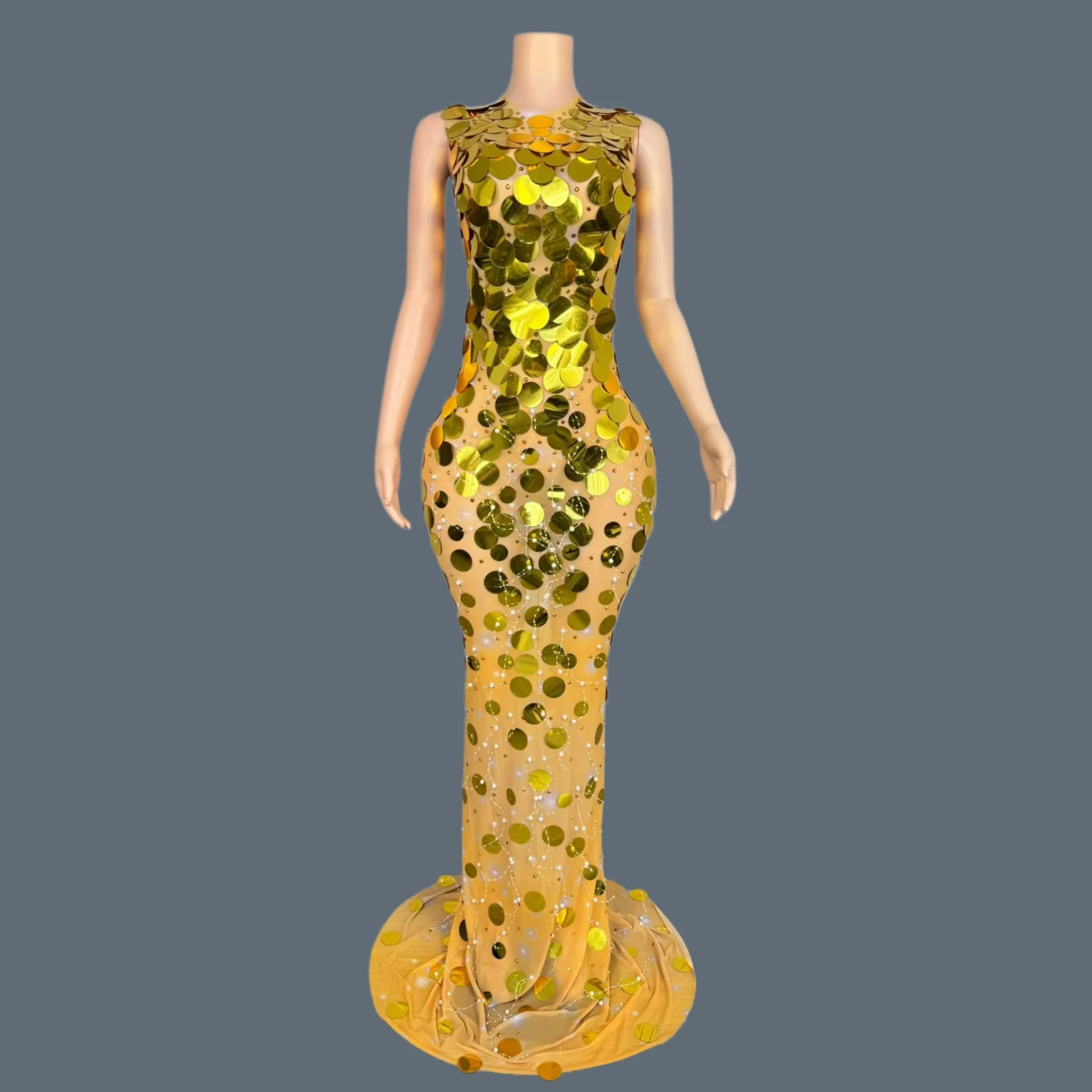 

Sequins See Through Mesh Sparkly Evening Gown Birthday Celebrate Party Floor-length Dress Sexy Women Show Party Outfit Liujin