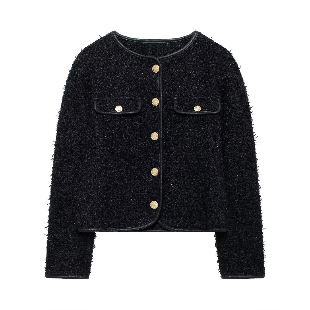 Tangada 2023 New Women Black Tassel Tweed Blazer Jacket Long Sleeve Female Cropped Coat BE0332