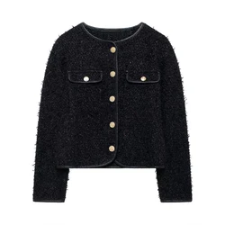 Tangada 2023 New Women Black Tassel Tweed Blazer Jacket Long Sleeve Female Cropped Coat BE0332