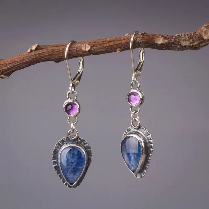 BKBK Antique Textured Silver Leverback Round Amethyst Teardrop Blue Kyanite Layer Dangle Women Earrings Wedding Earrings for Christmas Valentine 4th of July Bohemian Artisan Bridal Jewelry for Brides Bridesmaids Adult Ladies Outdoor Banquet Occasion