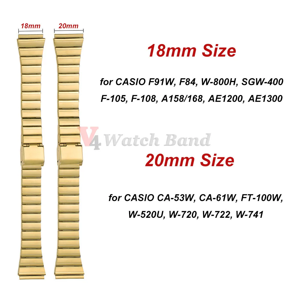 Steel Watch Strap 18mm for CASIO F91W W-800H W800H SGW400 F84 F105/108 A158/168 AE1200 Band 20mm for CA53 CA61 FT100 W520 W720 view 2