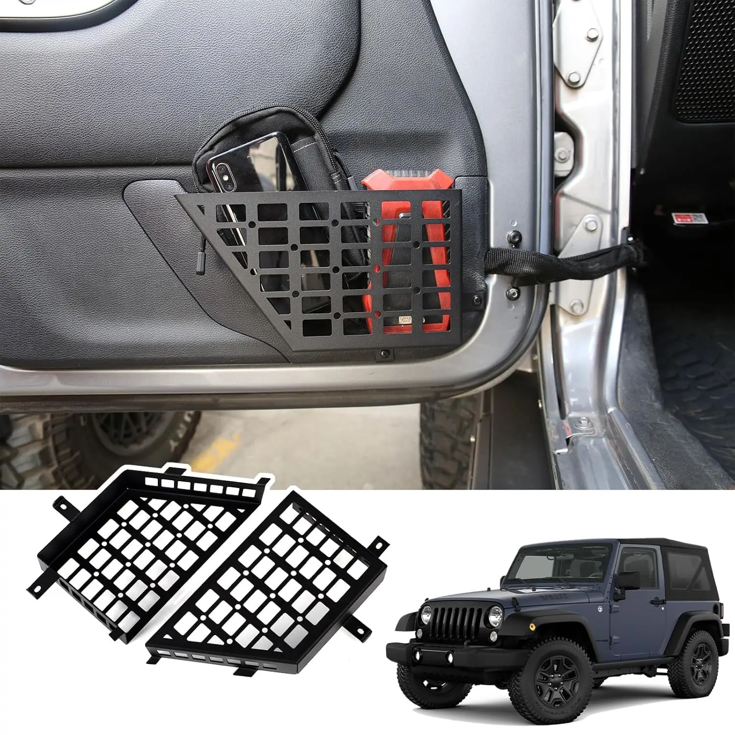 

Metal Front Door Storage Pockets, Door Side Insert Organizer Box for 2007-2018 Jeep Wrangler JK JKU 2/4 Door Stainless Steel