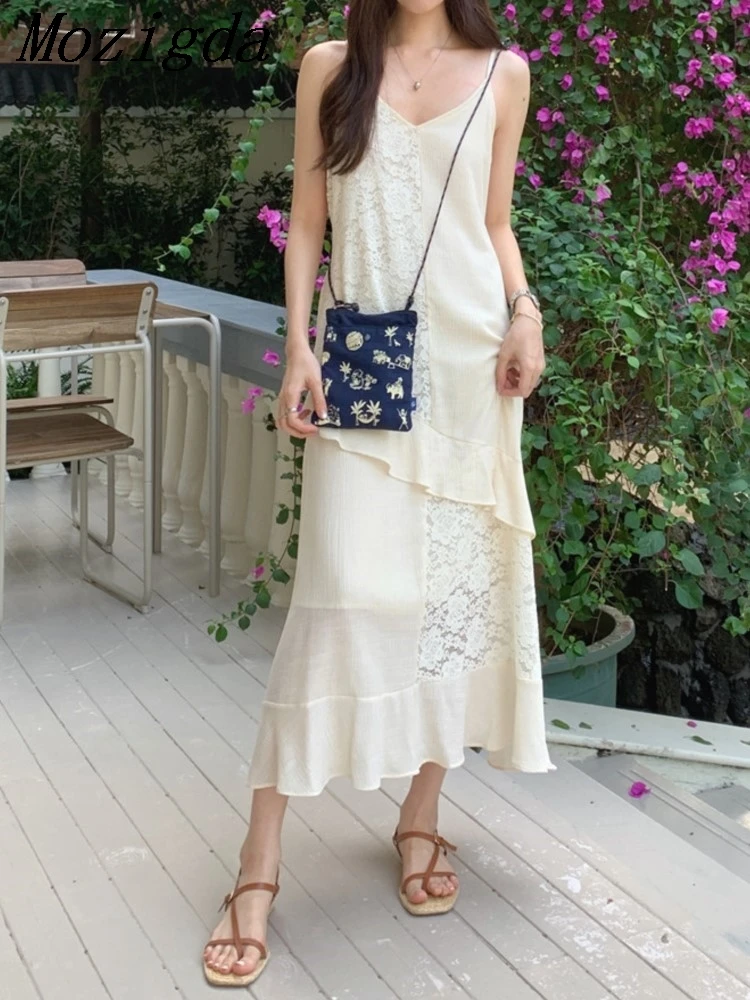 

Sleeveless Summer Slip Dress Women Irregular Lace Patchwork Fashion Ruffle Pleated Ladies Dresses Korean Style Loose Woman Dress