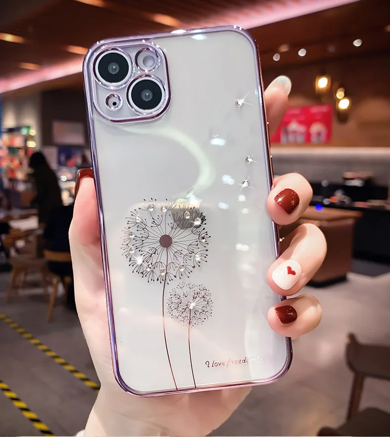 Luxury Diamond Dandelion Clear Case For iPhone 13 12 11 14 Pro Max 7 8 Plus X XR XS Carcasas Glitter Shockproof Soft TPU Cover