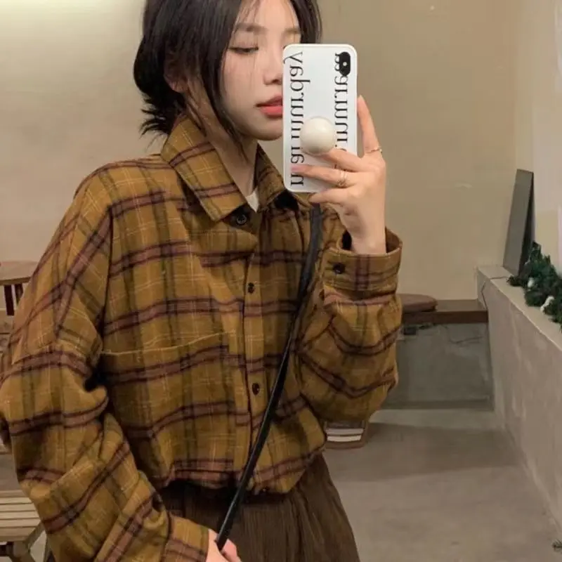 Camisa a cuadros cepillada Top Otoño Invierno nuevo estilo de Hong Kong camisa suelta Retro chaqueta Casual de manga larga