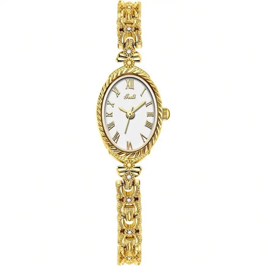 Gosasa  Vintage Small Gold Watches For Women Dainty Bangle Analog Oval Case Roman Dial Waterproof Alloy Bracelet Womens Dress