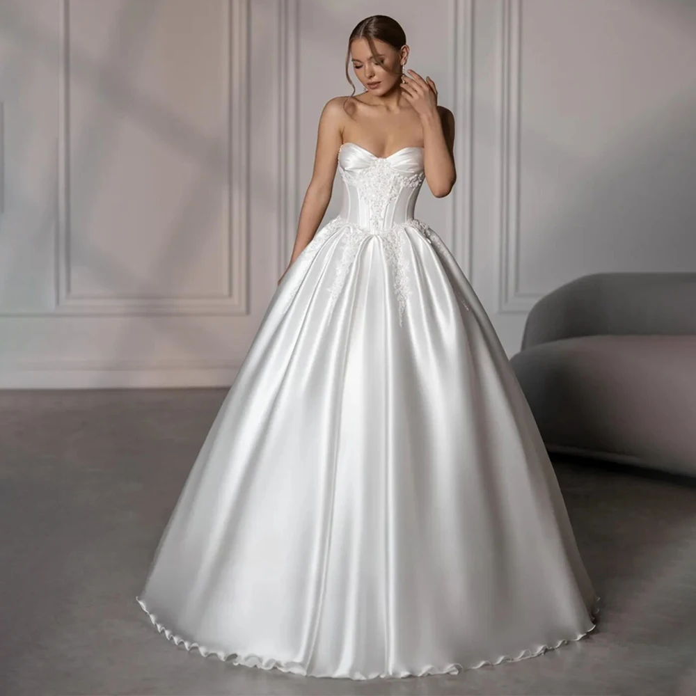 

Customized Sweetheart Lace Applqiues Satin Bride Gown A-Line Backless Corset Wedding Dresses Vestidos De Boda Para Fiestas
