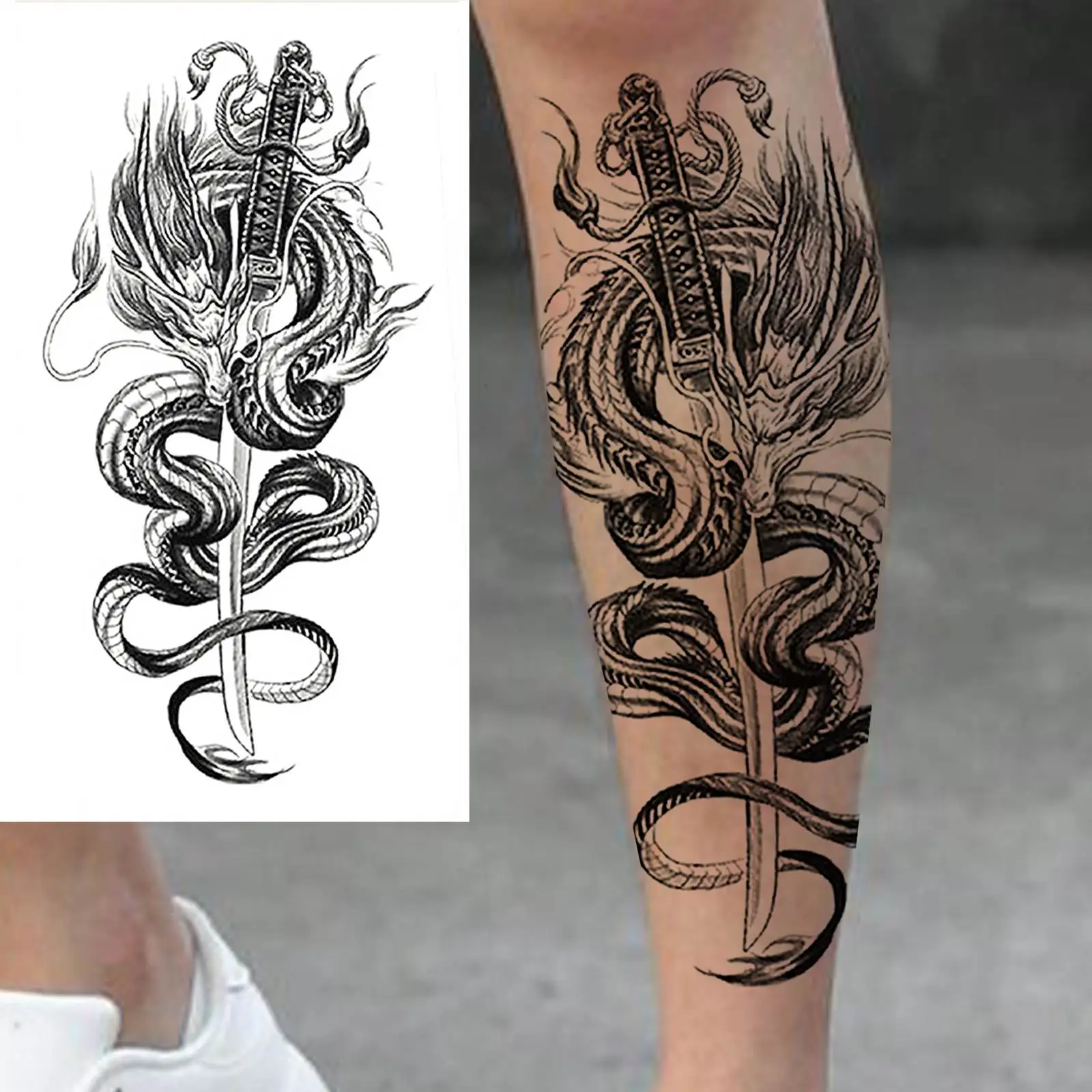 1 Sheets Dragon Temporary Tattoos For Men Women Adults Leg Arm Body Self Adhesive Fake Tattoo Sticker Transferable Realistic view 5