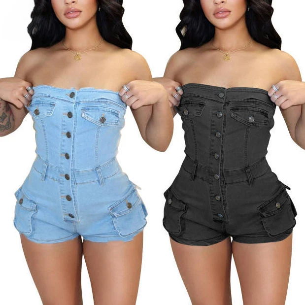 Summer Women Jeans Jumpsuit Off Shoulder 2024 Casual Elastic Denim Rompers Shorts Women