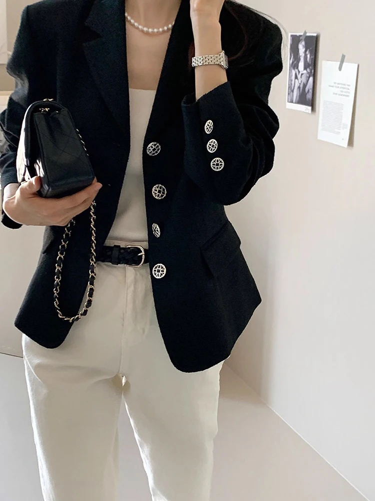 

Chic Korean Sle Women's Long Sve Woolen Jaet Loose Fit Suit Collar Outerwear Autumn New Arrival Faion Ele