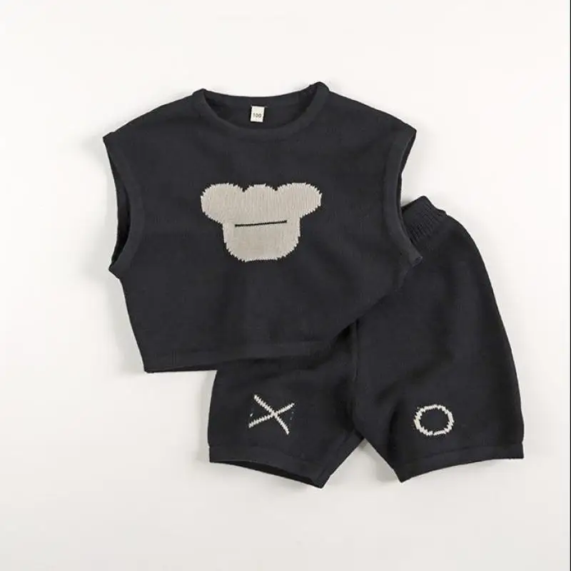 

2024 Autumn New Children Sleeveless Knitted Set Boys Girls Cute Cartoon Bear Vest + Shorts 2pcs Suit Kids Fashion Casual Outfits