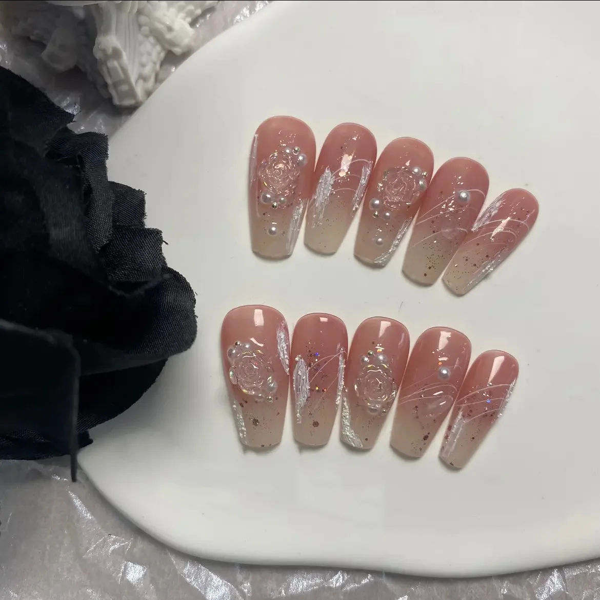 Uñas postizas hechas a mano, 10 piezas, Rosa dulce, bailarina japonesa con diamantes de imitación, decoración de uñas postizas, arte de puntas