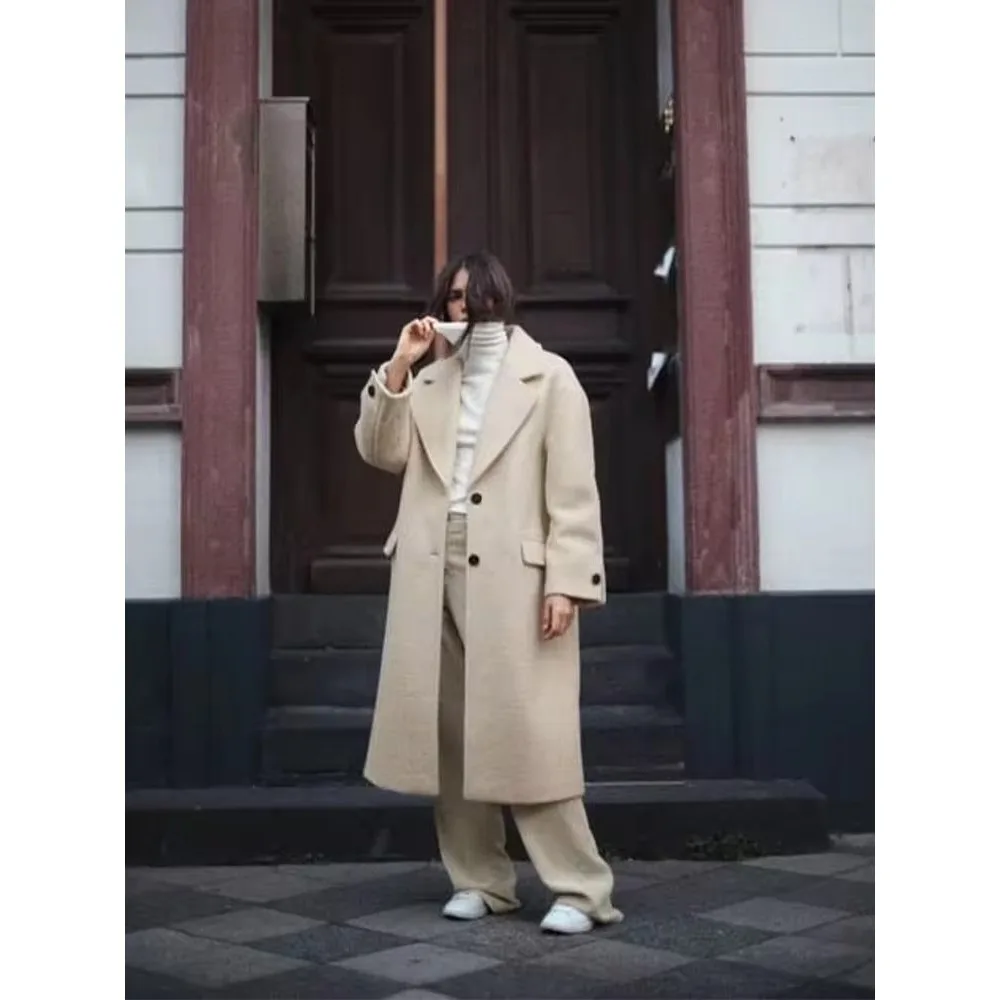 خريف شتاء موضة جديدة معطف الصوف محززة واحدة الصدر معطف الإناث طويلة الأكمام عادية سيدة خندق معطف #4