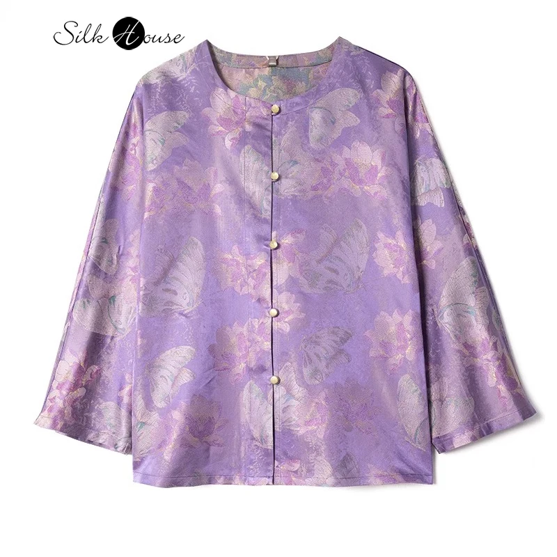 

2024 Women's Summer Temperament New 100% Natural Mulberry Silk Song Brocade Jiaogang Hibiscus Flower Printed New Chinese Coat