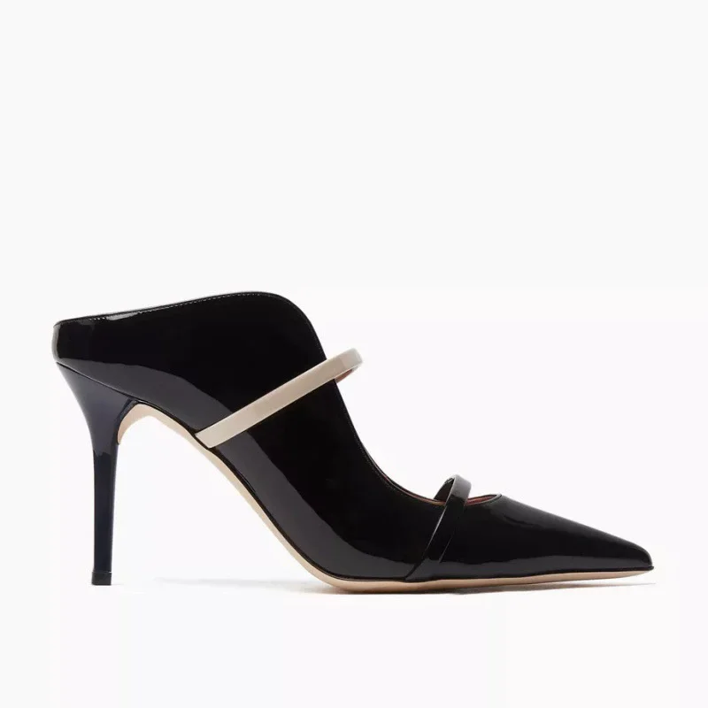 

Spring and summer new pointed toe shallow patent leather fashion slippers banquet dress large size thin high-heeled women sandal